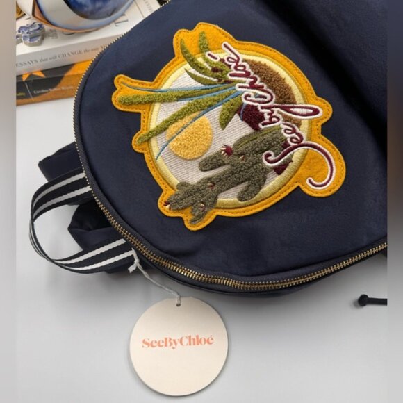 🆕 SEE BY CHLOE 🧿 NWT Cactus and Logo-Embroidered Satin Backpack in Navy - Picture 4 of 15